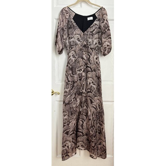 Christy Lynn Julie Dress Maxi Long Feather Jacquard Brown White Print Sleeve S 4 - Picture 3 of 10
